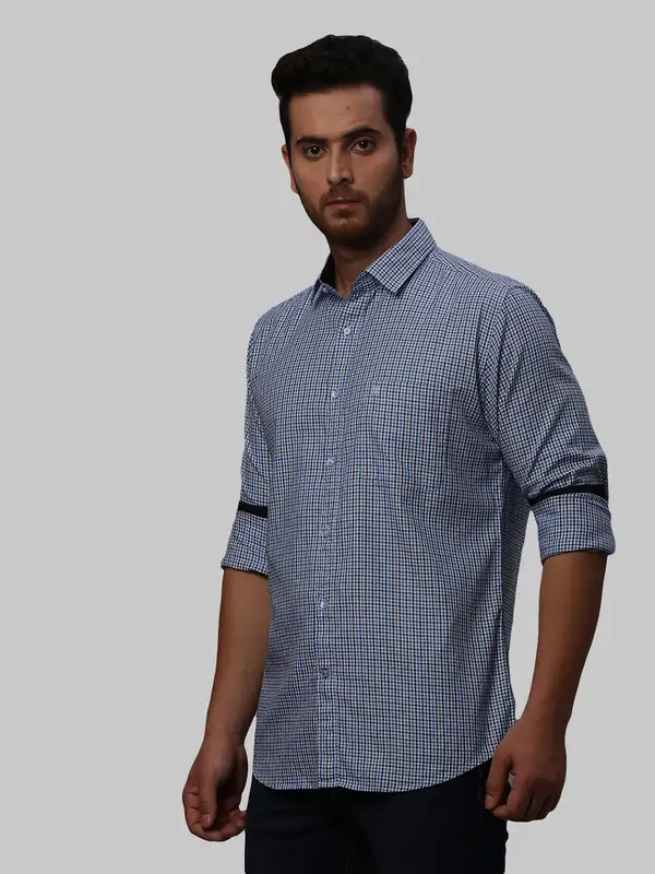 Men Blue Slim Fit Checks Cotton Shirts - Image 3