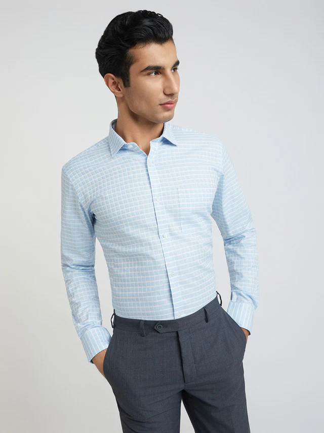 Men Blue Slim Fit Checks Cotton Shirts