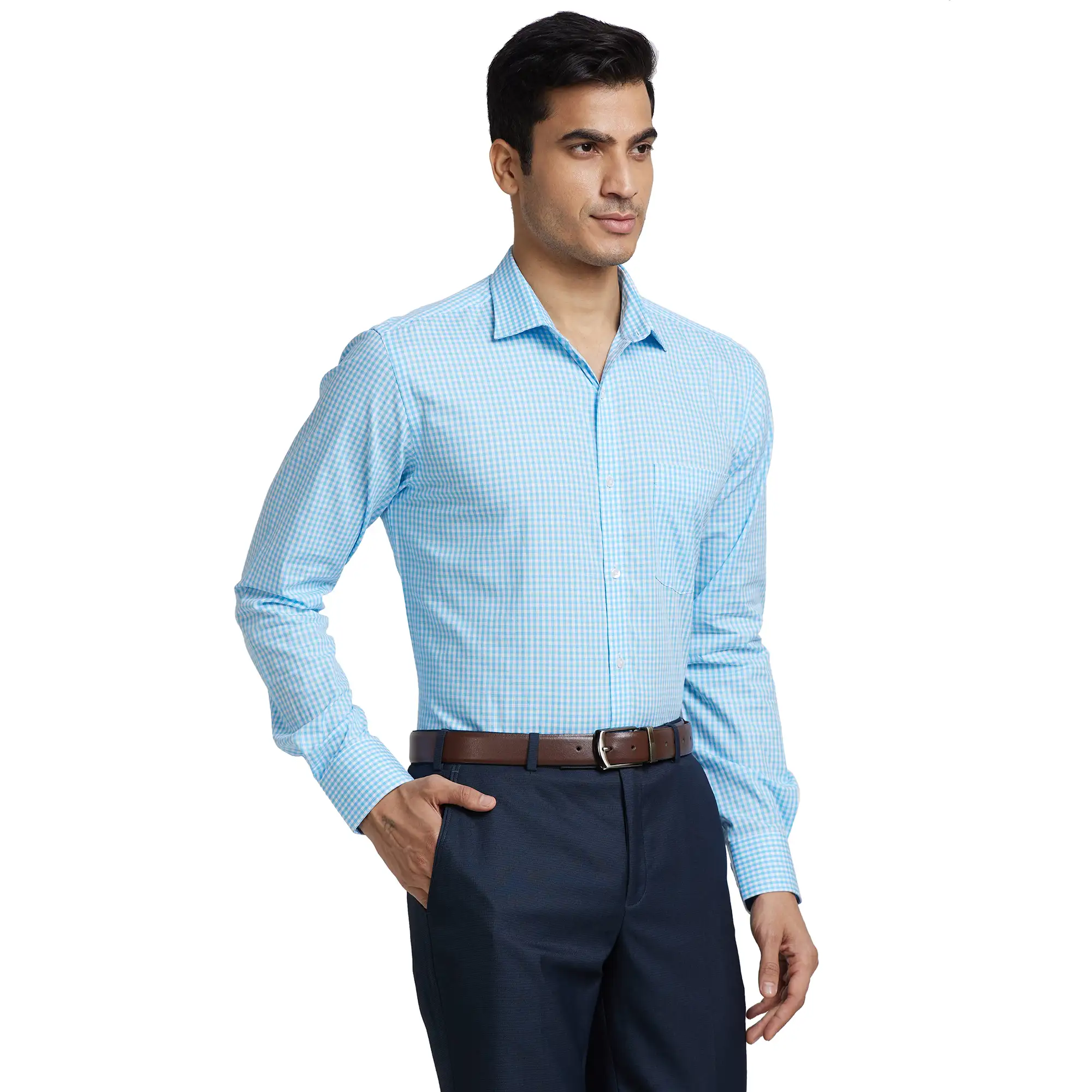 Men Blue Slim Fit Checks Cotton Shirts - Image 2