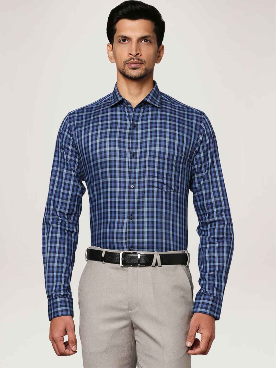 Men Blue Slim Fit Checks Cotton Shirts - Image 4