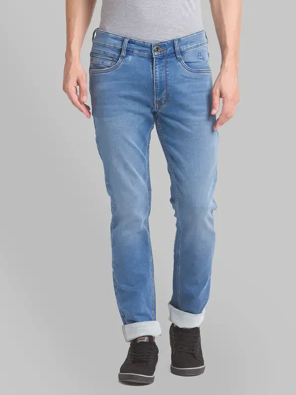 Men Blue Slim Fit Plain Cotton Blend Jeans