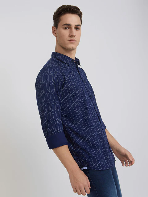 Men Blue Slim Fit Print Bamboo Microfiber Blend Full Sleeve Shirts - Image 2