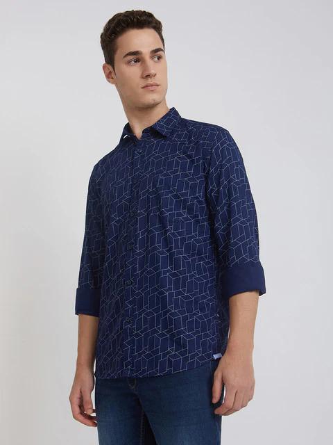 Men Blue Slim Fit Print Bamboo Microfiber Blend Full Sleeve Shirts - Image 3