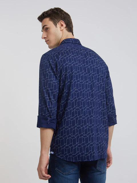 Men Blue Slim Fit Print Bamboo Microfiber Blend Full Sleeve Shirts - Image 4