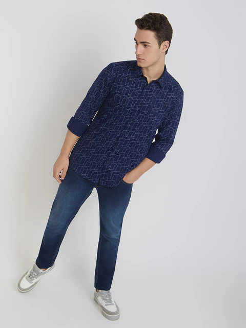 Men Blue Slim Fit Print Bamboo Microfiber Blend Full Sleeve Shirts - Image 5