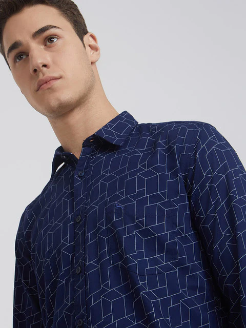 Men Blue Slim Fit Print Bamboo Microfiber Blend Full Sleeve Shirts - Image 6