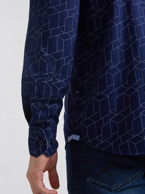 Men Blue Slim Fit Print Bamboo Microfiber Blend Full Sleeve Shirts - Image 7
