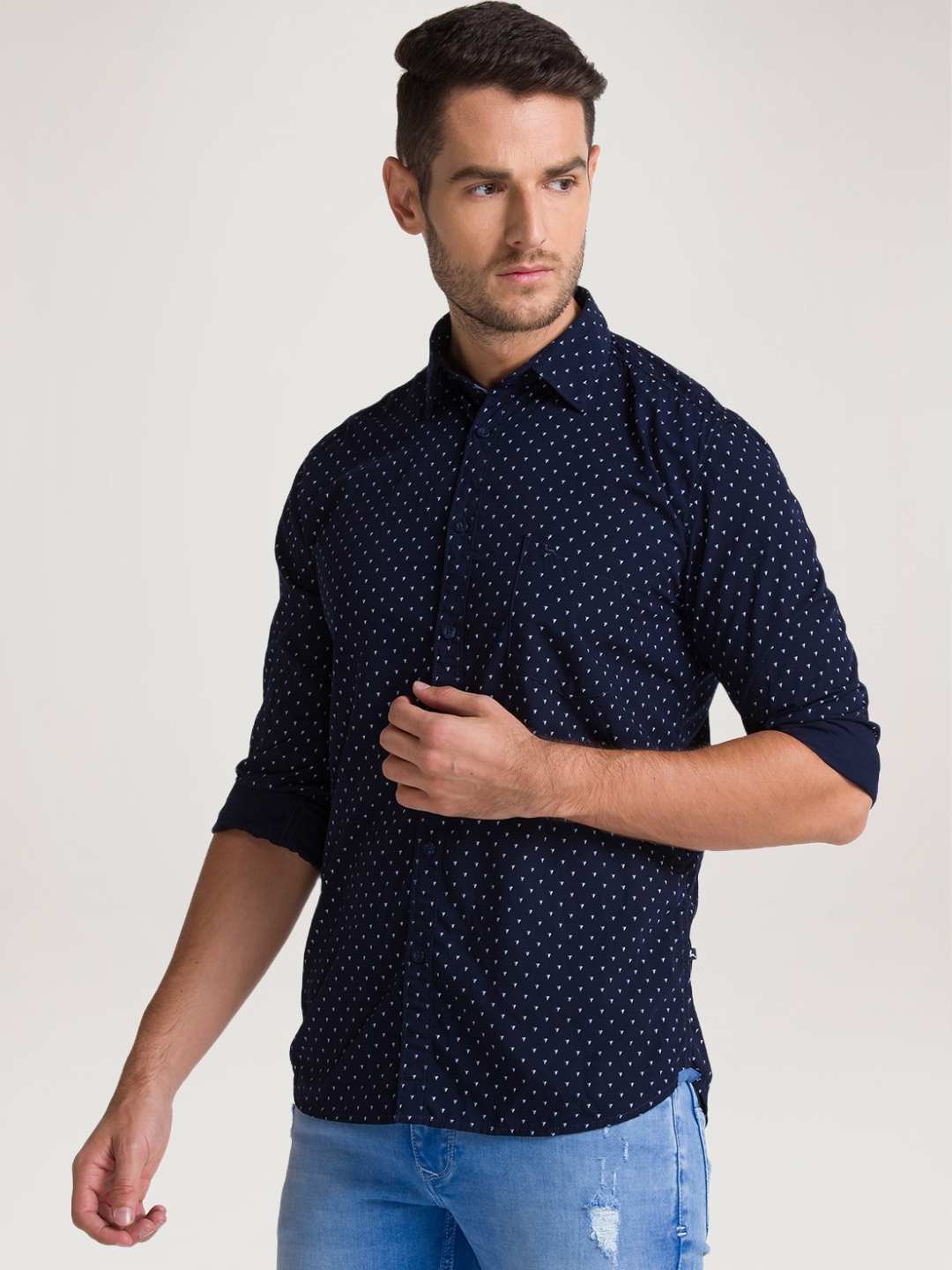 Men Blue Slim Fit Print Bamboo Microfiber Blend Full Sleeve Shirts - Image 4