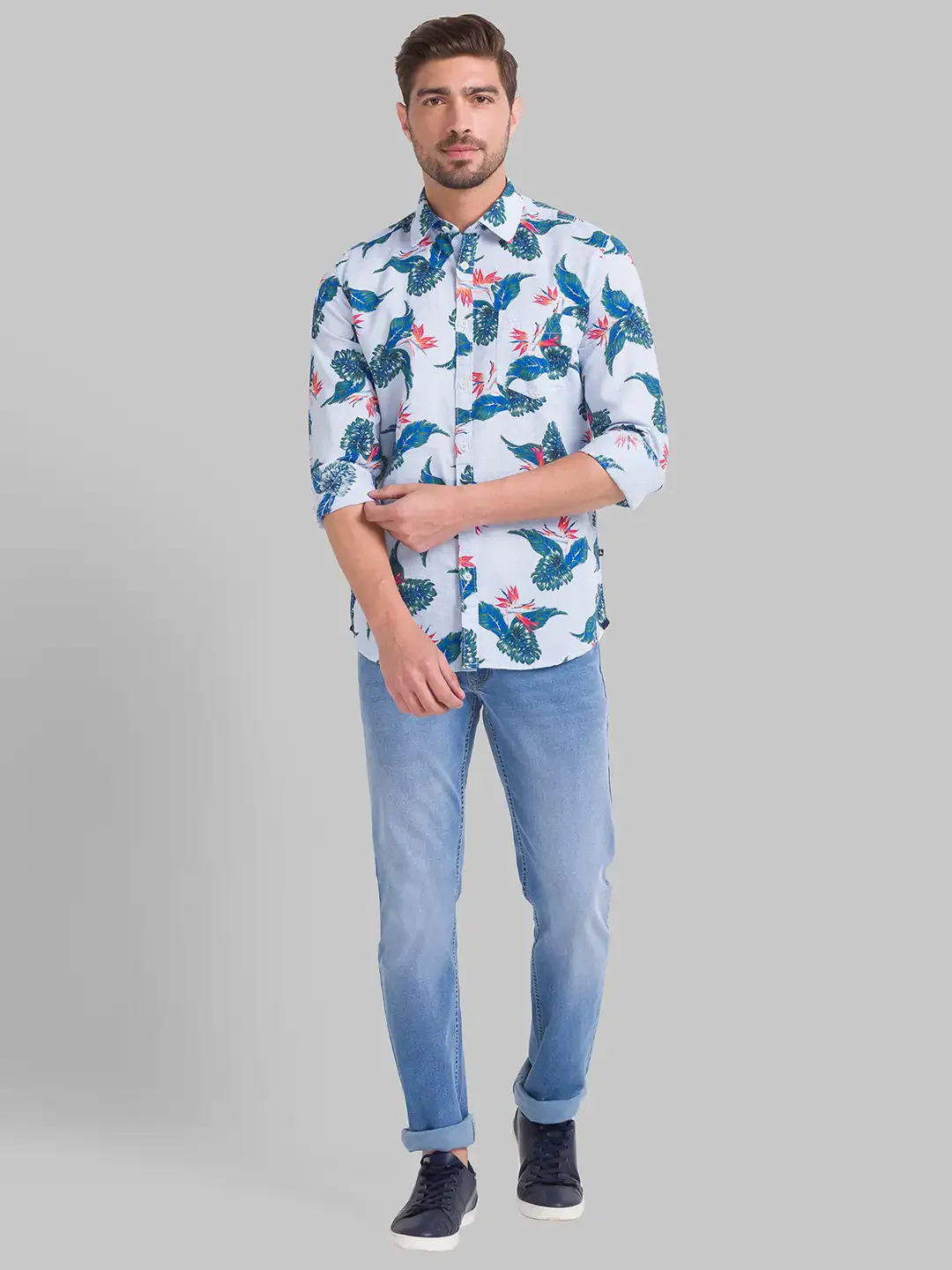 Men Blue Slim Fit Print Cotton Blend Full Sleeve Shirts - Image 5