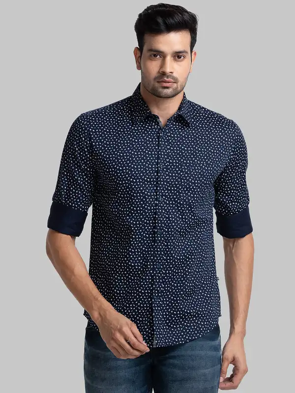 Men Blue Slim Fit Print Cotton Blend Full Sleeve Shirts