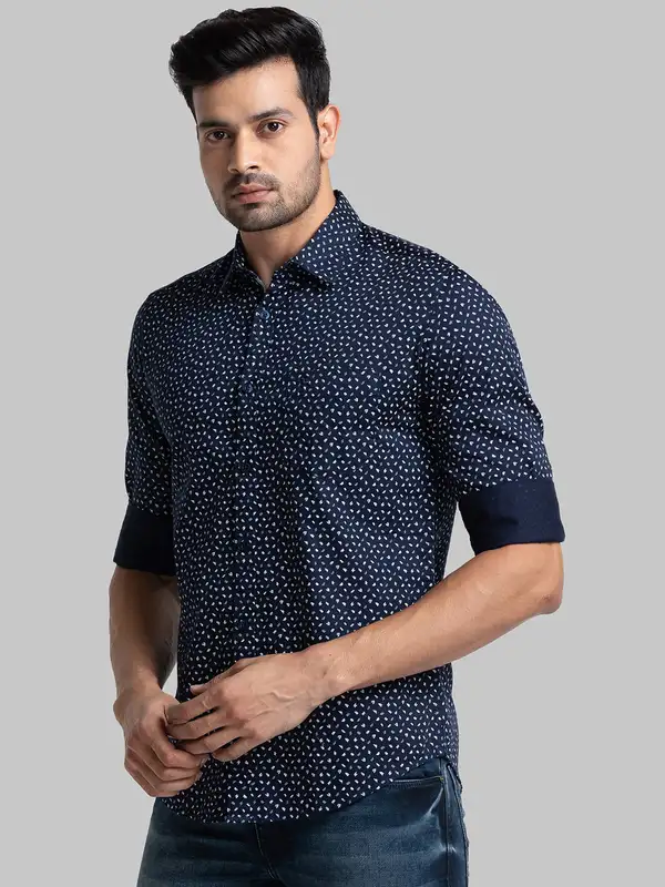 Men Blue Slim Fit Print Cotton Blend Full Sleeve Shirts - Image 3