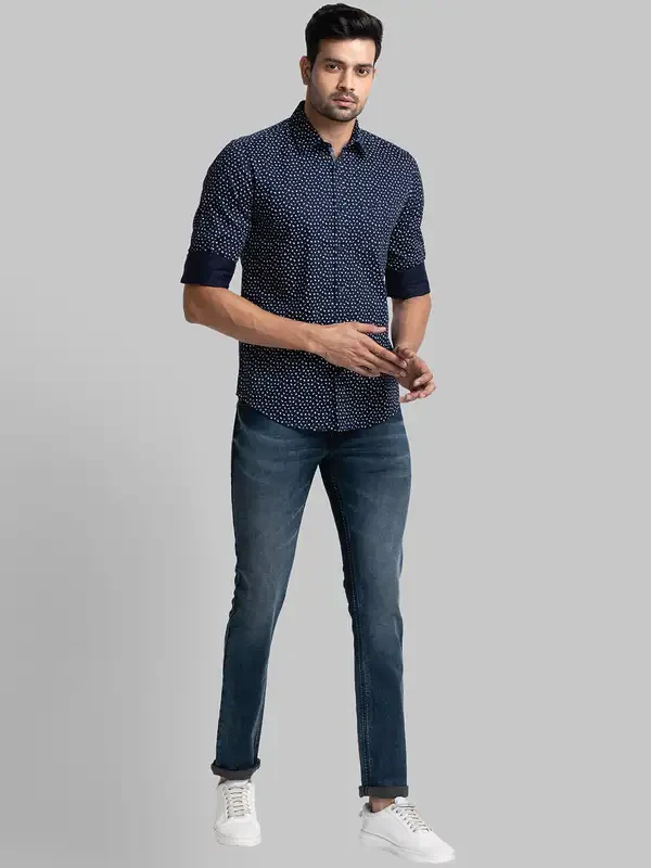 Men Blue Slim Fit Print Cotton Blend Full Sleeve Shirts - Image 5