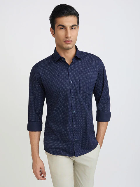 Men Blue Slim Fit Print Cotton Cut Away Collar Shirts