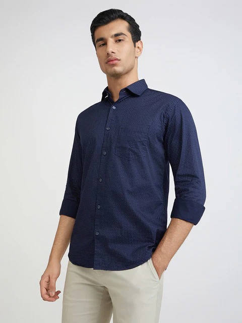 Men Blue Slim Fit Print Cotton Cut Away Collar Shirts - Image 3