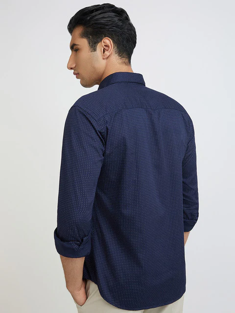 Men Blue Slim Fit Print Cotton Cut Away Collar Shirts - Image 4