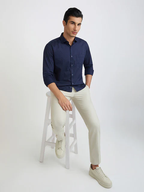 Men Blue Slim Fit Print Cotton Cut Away Collar Shirts - Image 5