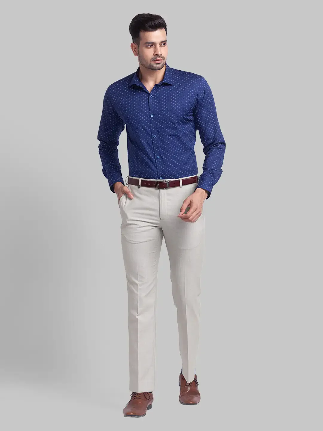 Men Blue Slim Fit Print Cotton Cut Away Collar Shirts - Image 5