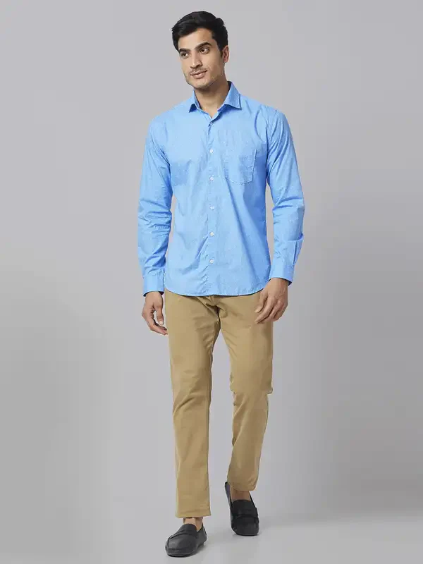 Men Blue Slim Fit Print Cotton Cut Away Collar Shirts - Image 5