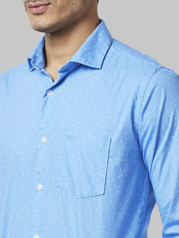 Men Blue Slim Fit Print Cotton Cut Away Collar Shirts - Image 6