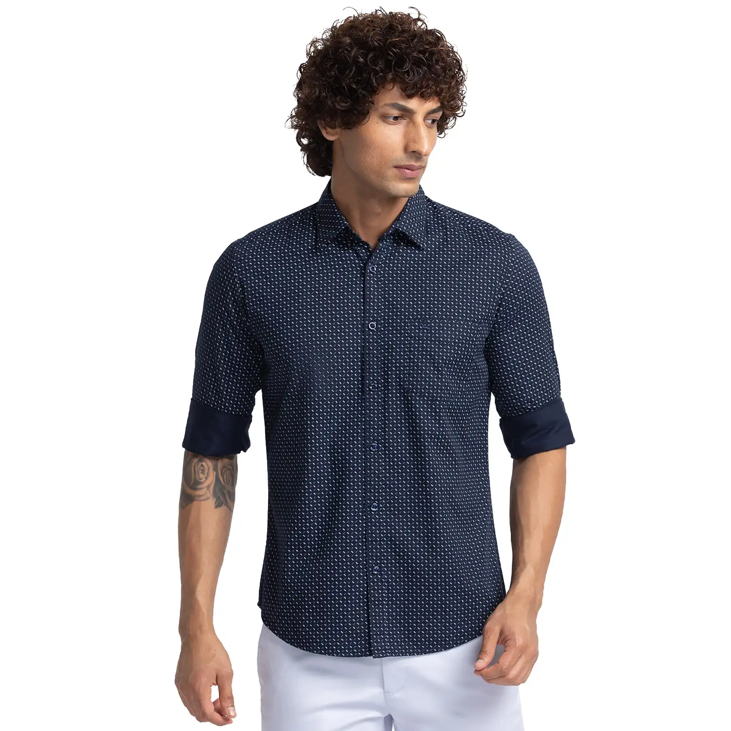 Men Blue Slim Fit Print Cotton Full Sleeve Cutway Collar Shirts
