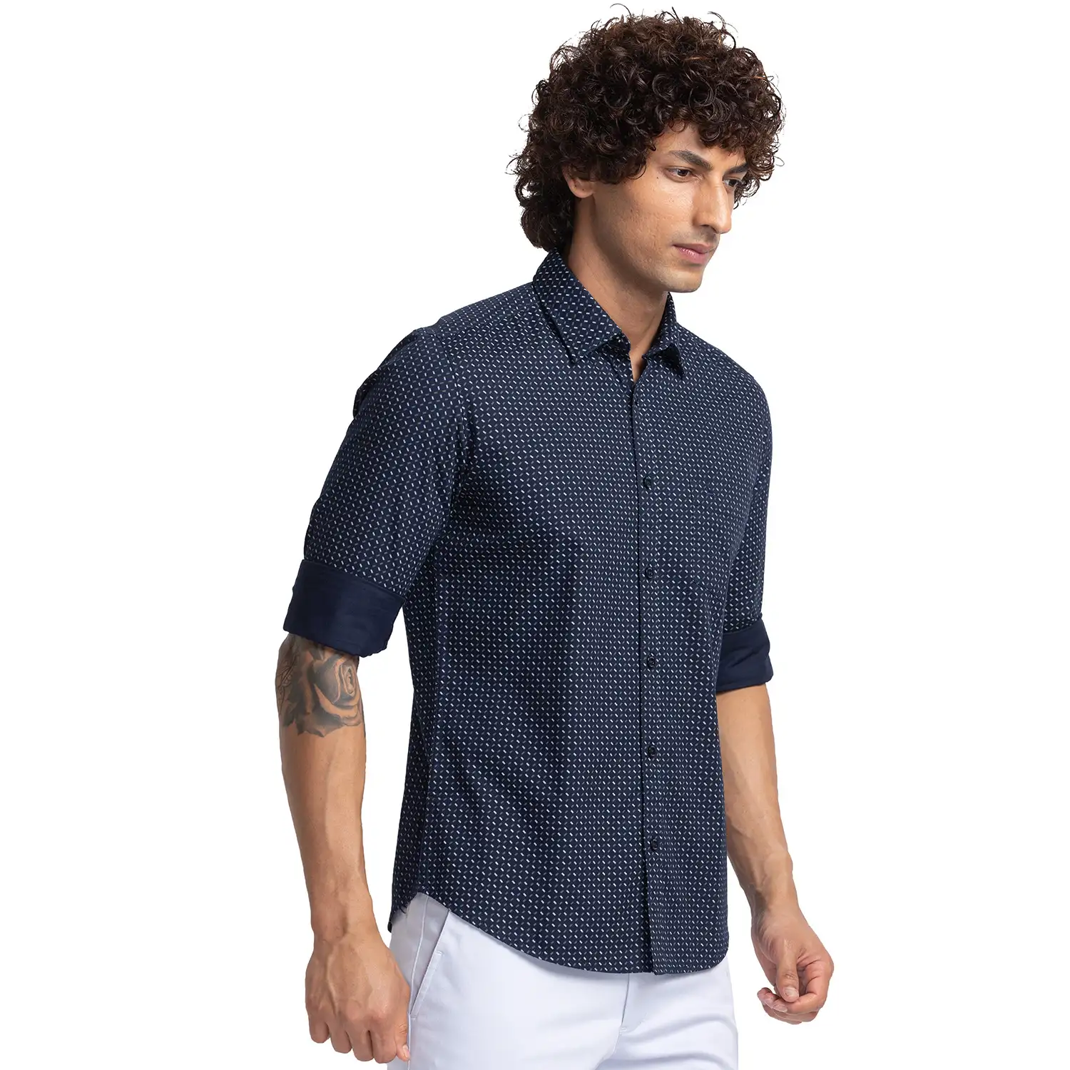 Men Blue Slim Fit Print Cotton Full Sleeve Cutway Collar Shirts - Image 2