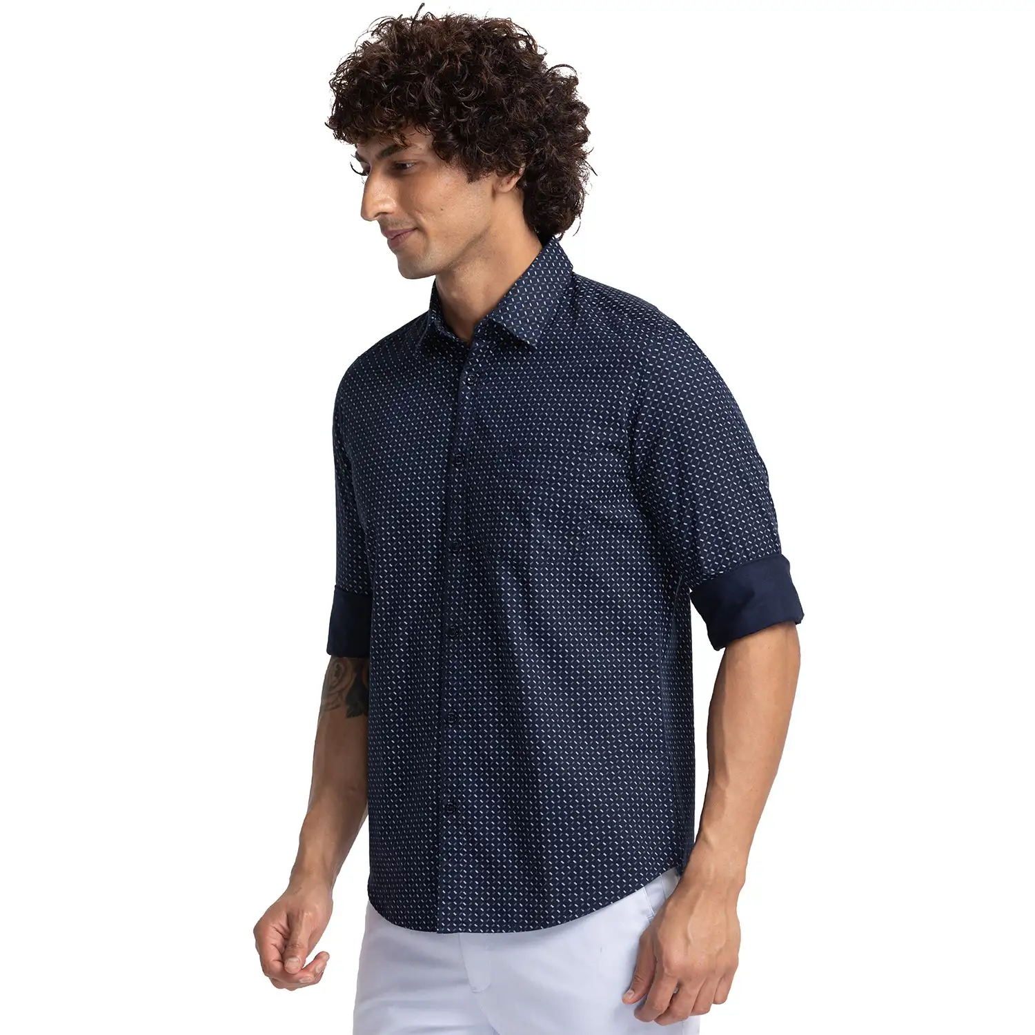 Men Blue Slim Fit Print Cotton Full Sleeve Cutway Collar Shirts - Image 3
