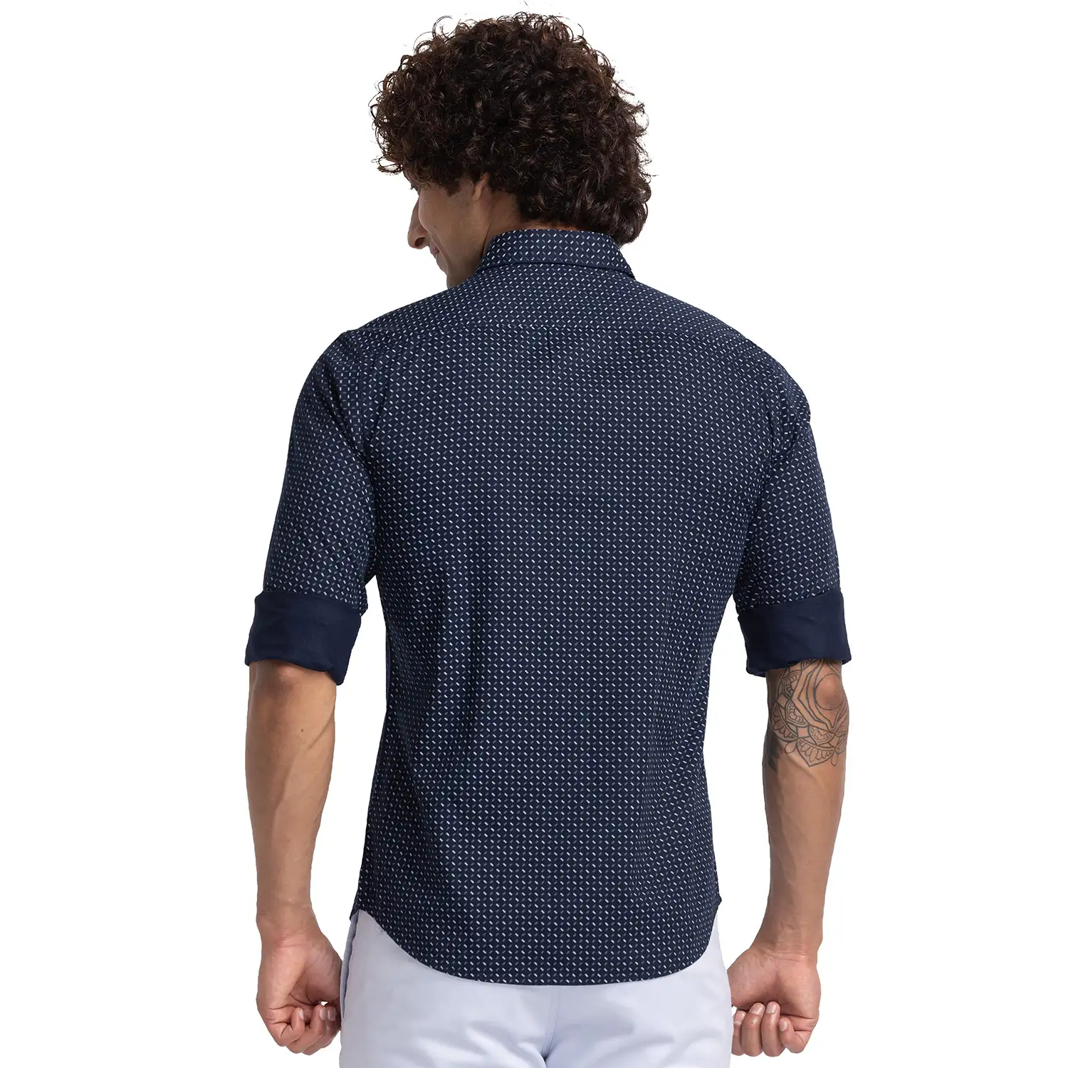 Men Blue Slim Fit Print Cotton Full Sleeve Cutway Collar Shirts - Image 4