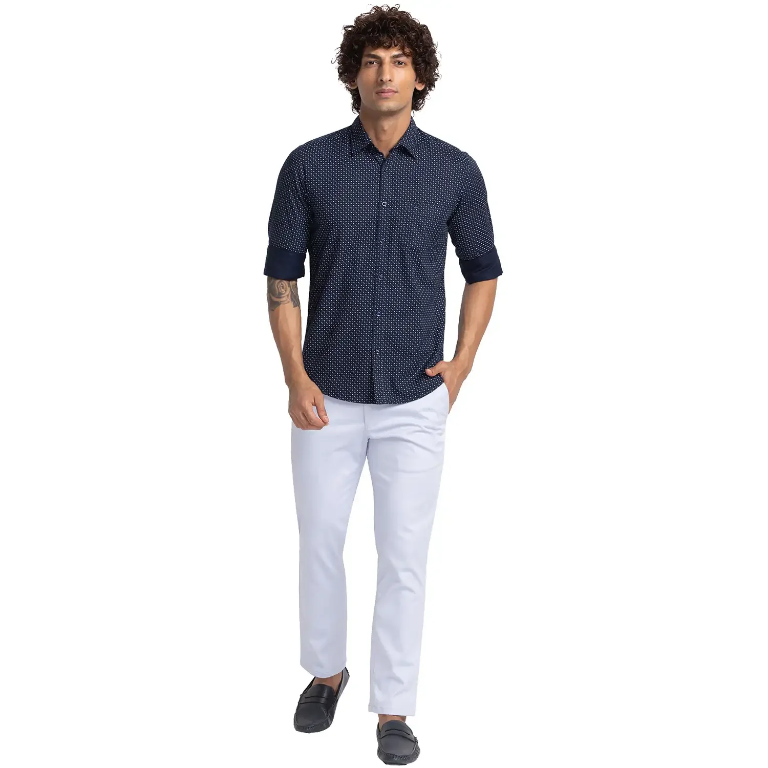 Men Blue Slim Fit Print Cotton Full Sleeve Cutway Collar Shirts - Image 5
