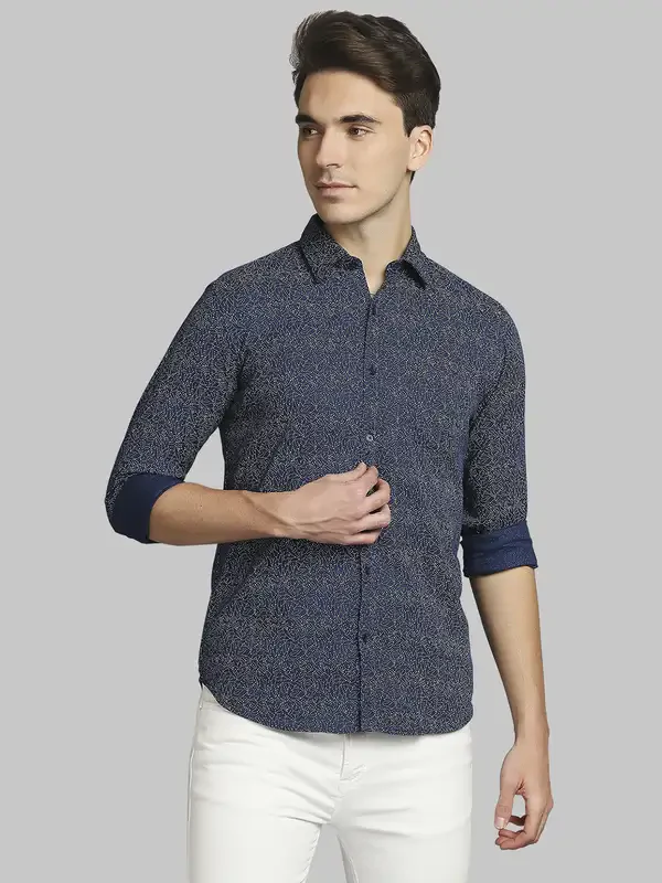 Men Blue Slim Fit Print Cotton Full Sleeve Regular Collar Shirts