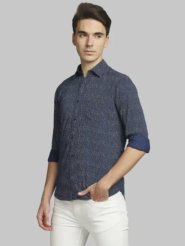 Men Blue Slim Fit Print Cotton Full Sleeve Regular Collar Shirts - Image 3