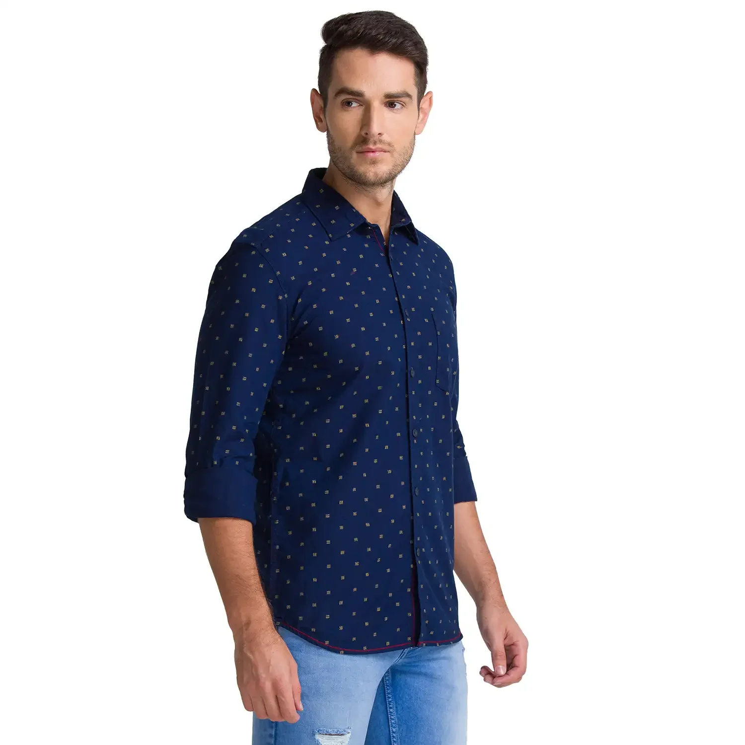 Men Blue Slim Fit Print Cotton Full Sleeve Shirts - Image 2