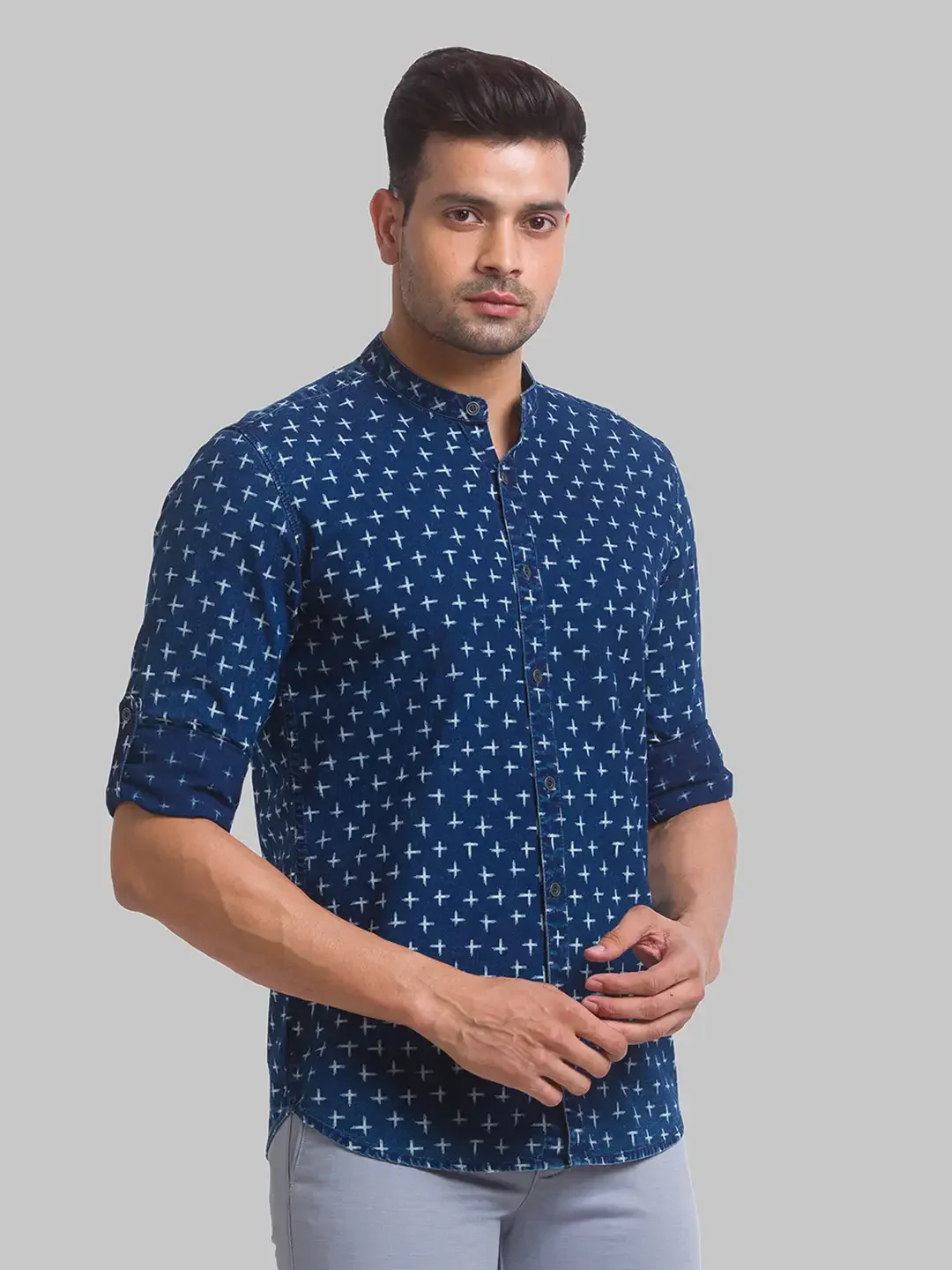 Men Blue Slim Fit Print Cotton Full Sleeve Shirts - Image 2