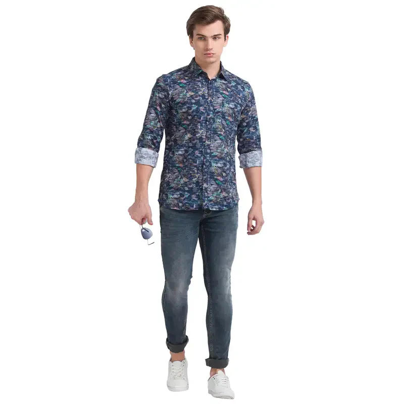 Men Blue Slim Fit Print Cotton Full Sleeve Shirts - Image 5