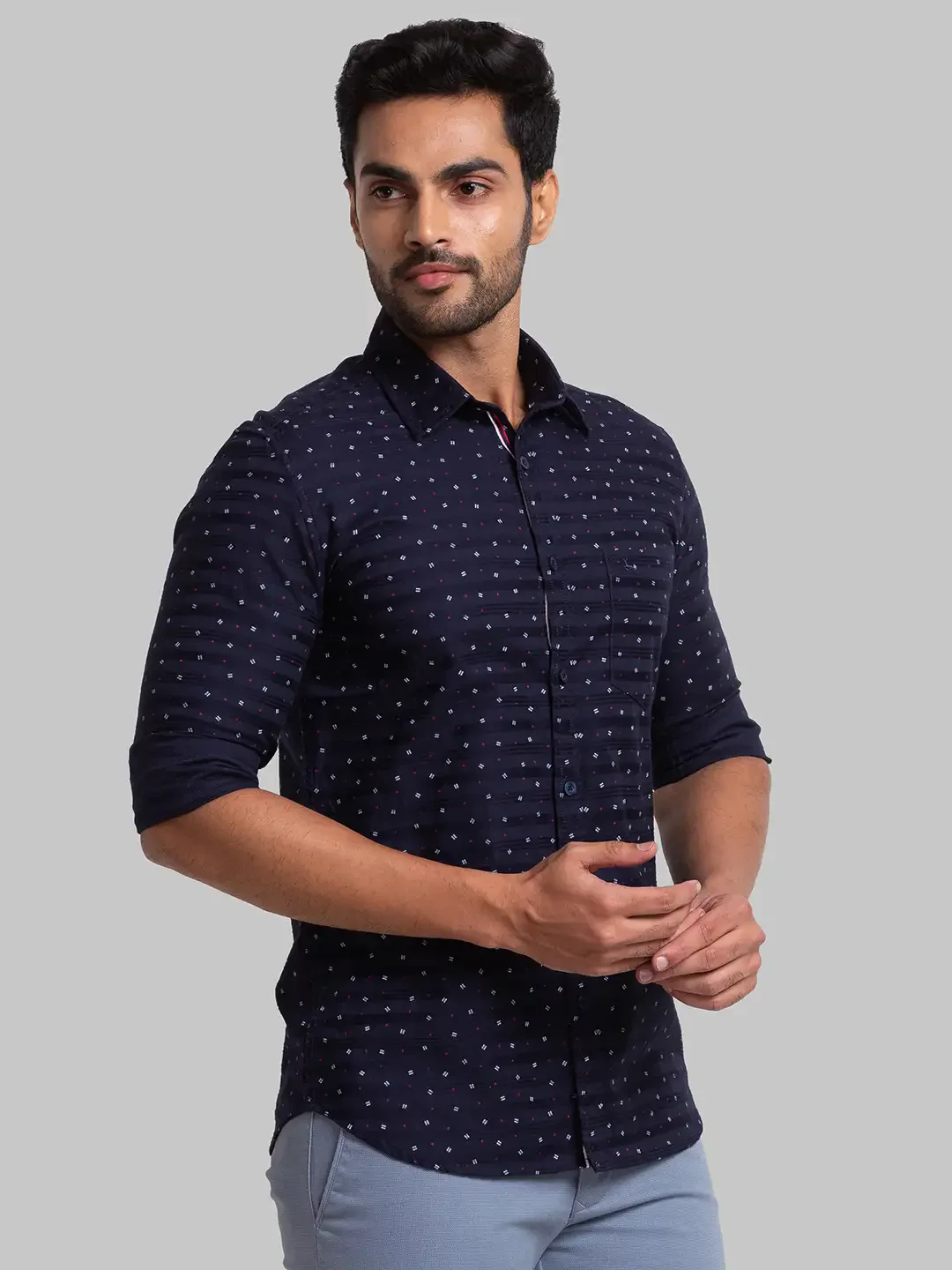 Men Blue Slim Fit Print Cotton Full Sleeve Shirts - Image 2