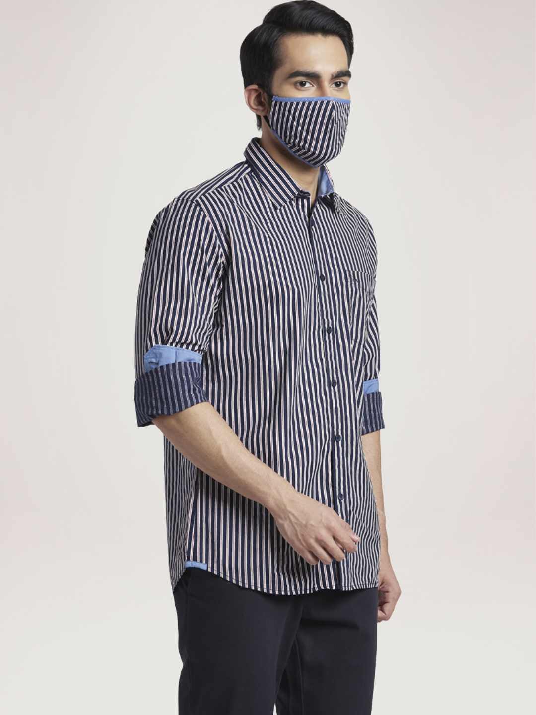 Men Blue Slim Fit Print Cotton Full Sleeve Shirts - Image 5