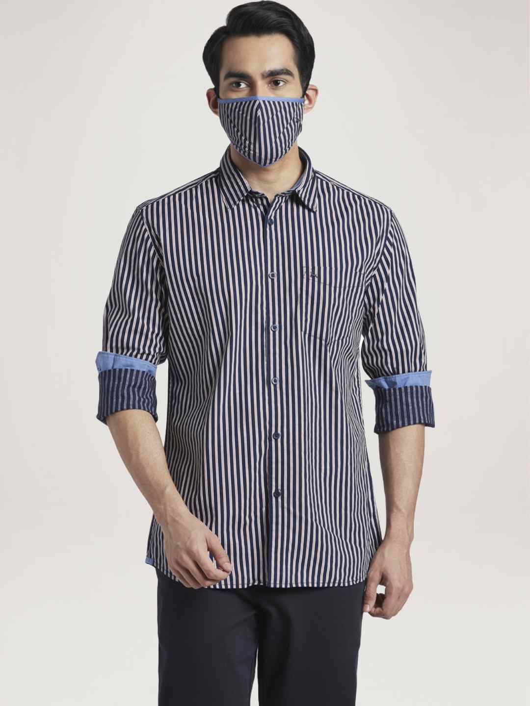 Men Blue Slim Fit Print Cotton Full Sleeve Shirts - Image 6