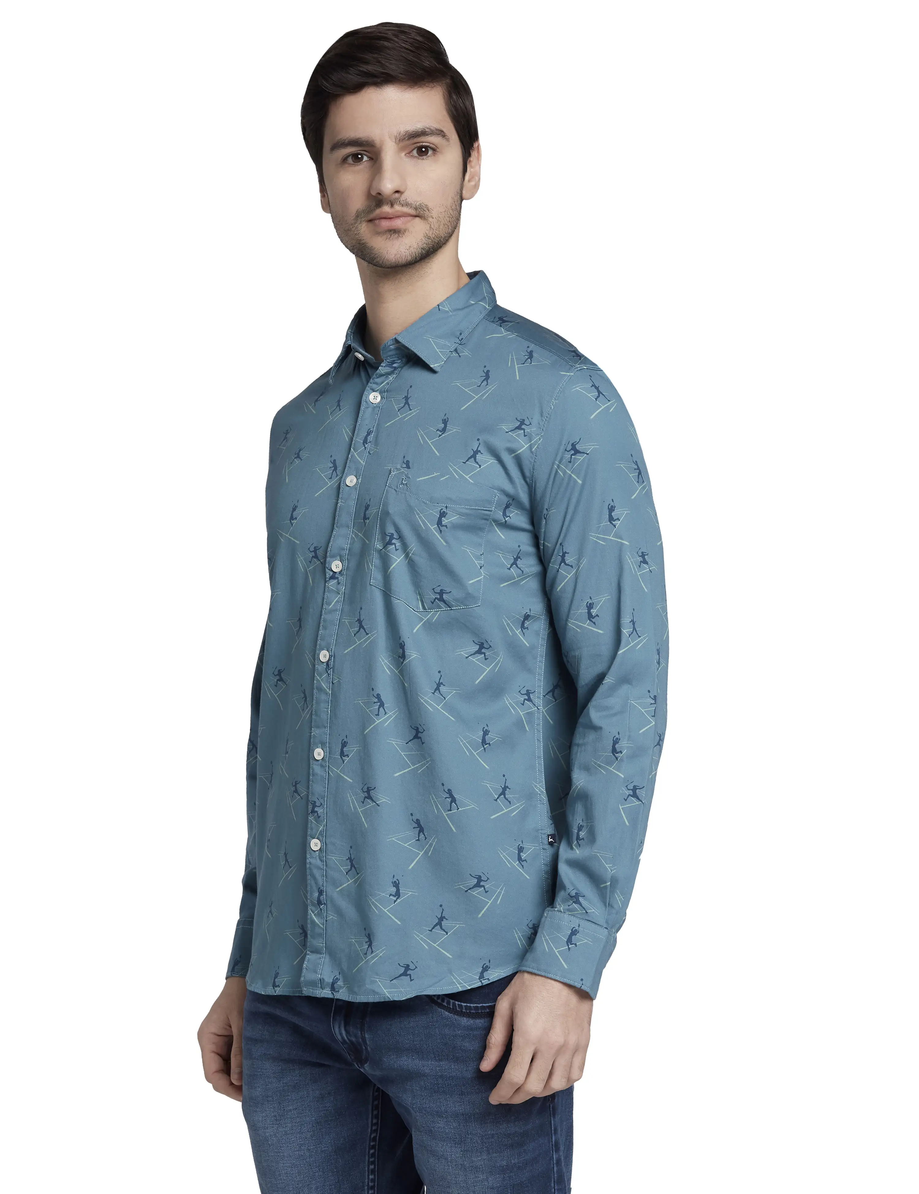 Men Blue Slim Fit Print Cotton Full Sleeve Shirts - Image 3