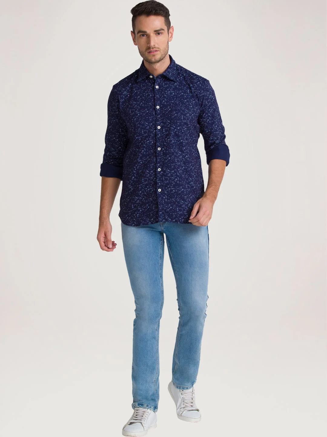 Men Blue Slim Fit Print Cotton Full Sleeve Shirts - Image 2