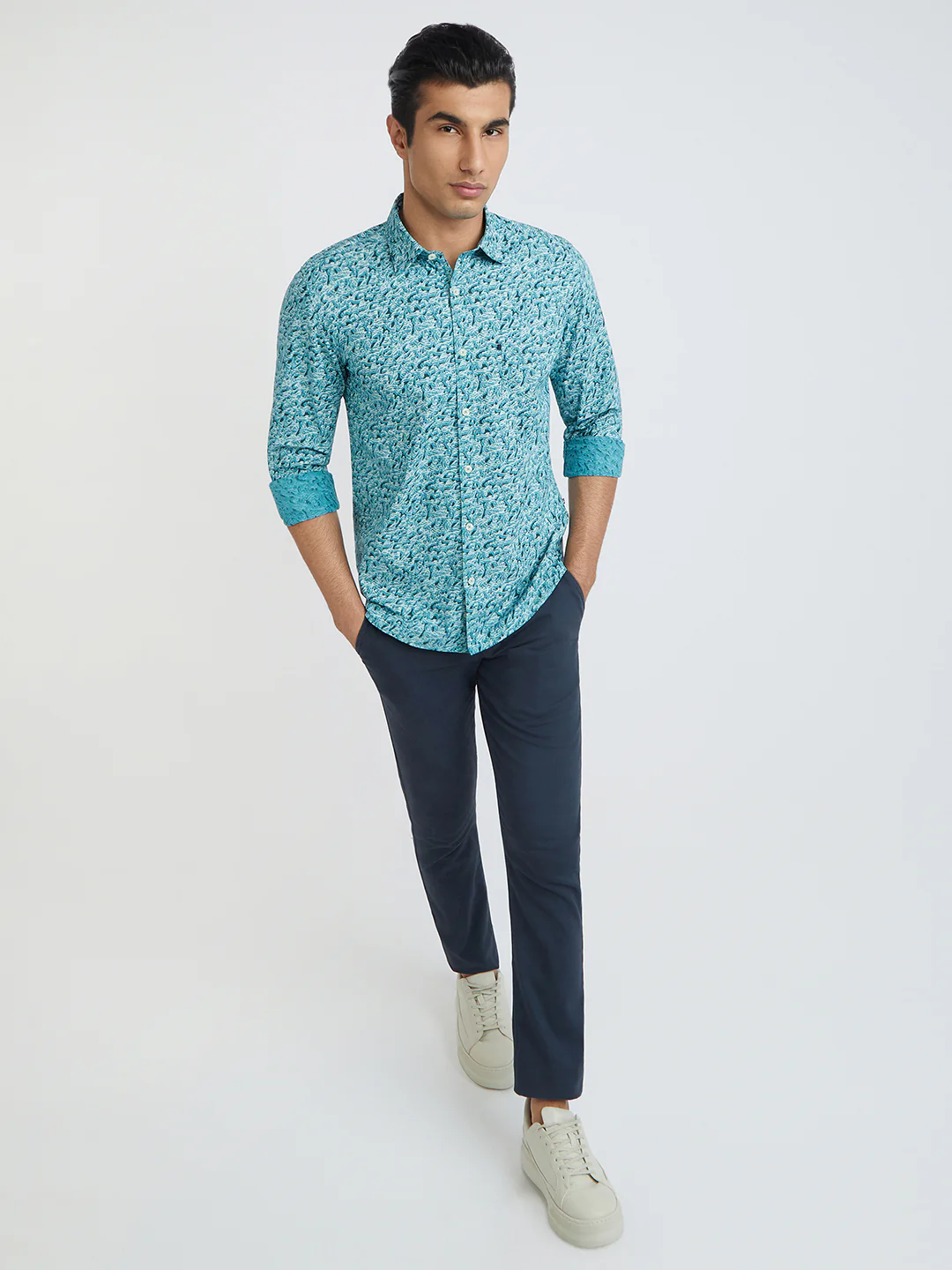 Men Blue Slim Fit Print Cotton Full Sleeve Shirts - Image 6