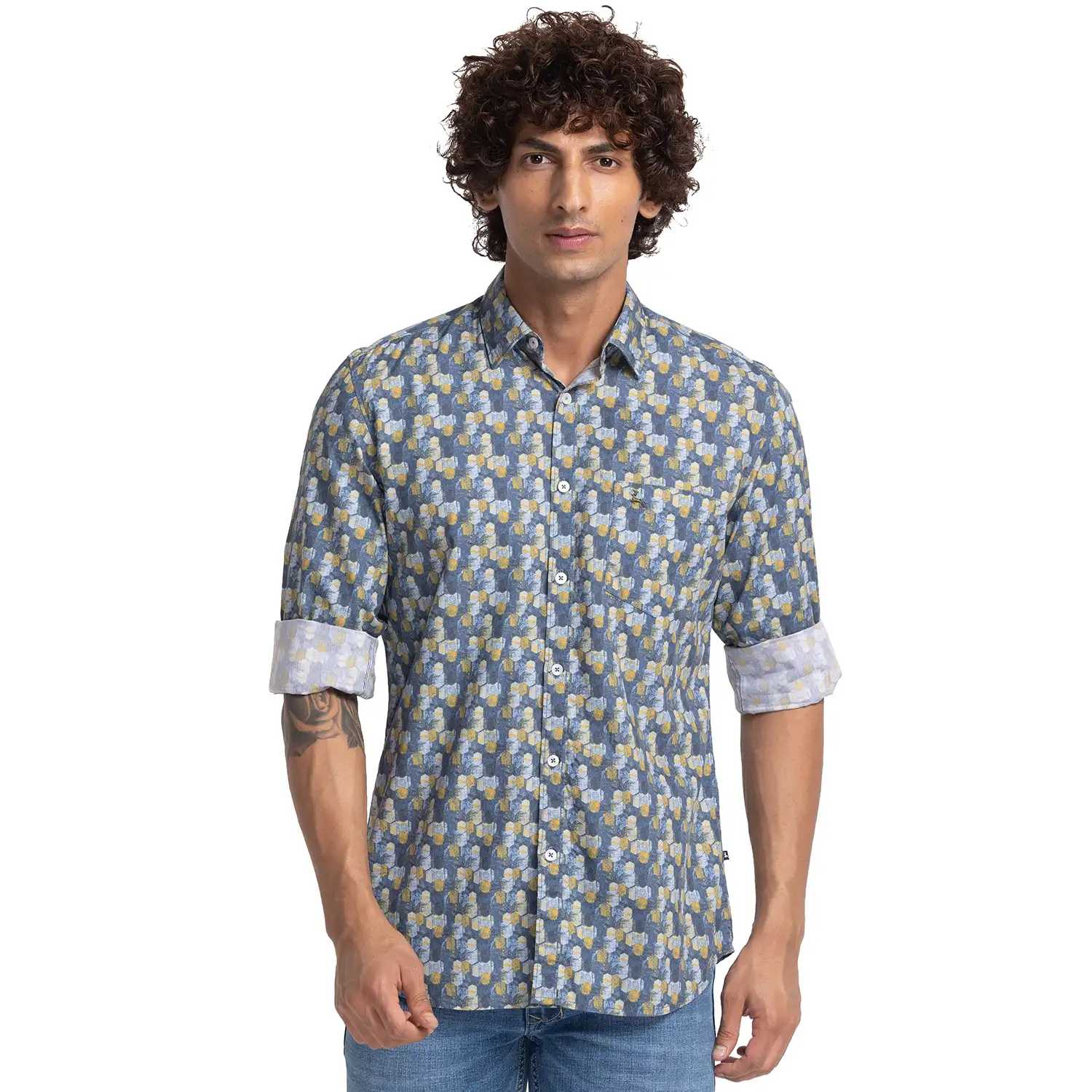 Men Blue Slim Fit Print Cotton Full Sleeve Shirts