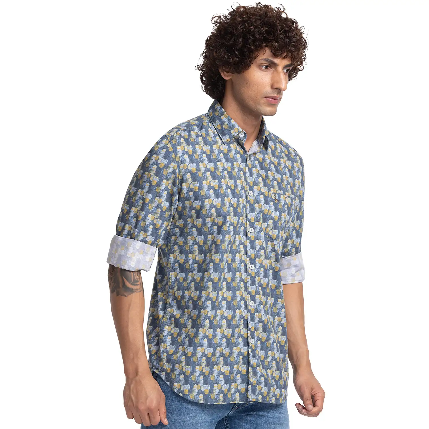 Men Blue Slim Fit Print Cotton Full Sleeve Shirts - Image 2