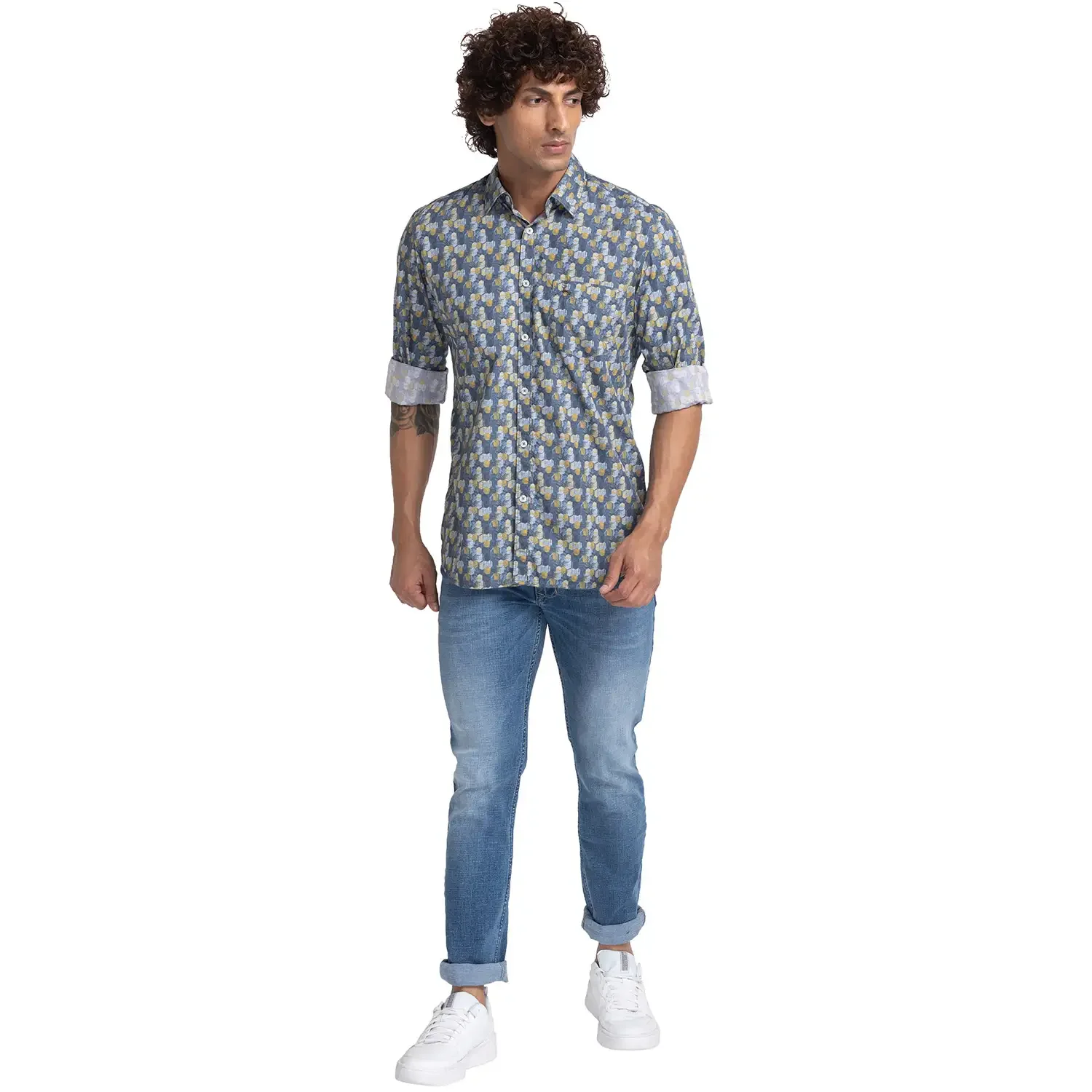 Men Blue Slim Fit Print Cotton Full Sleeve Shirts - Image 5