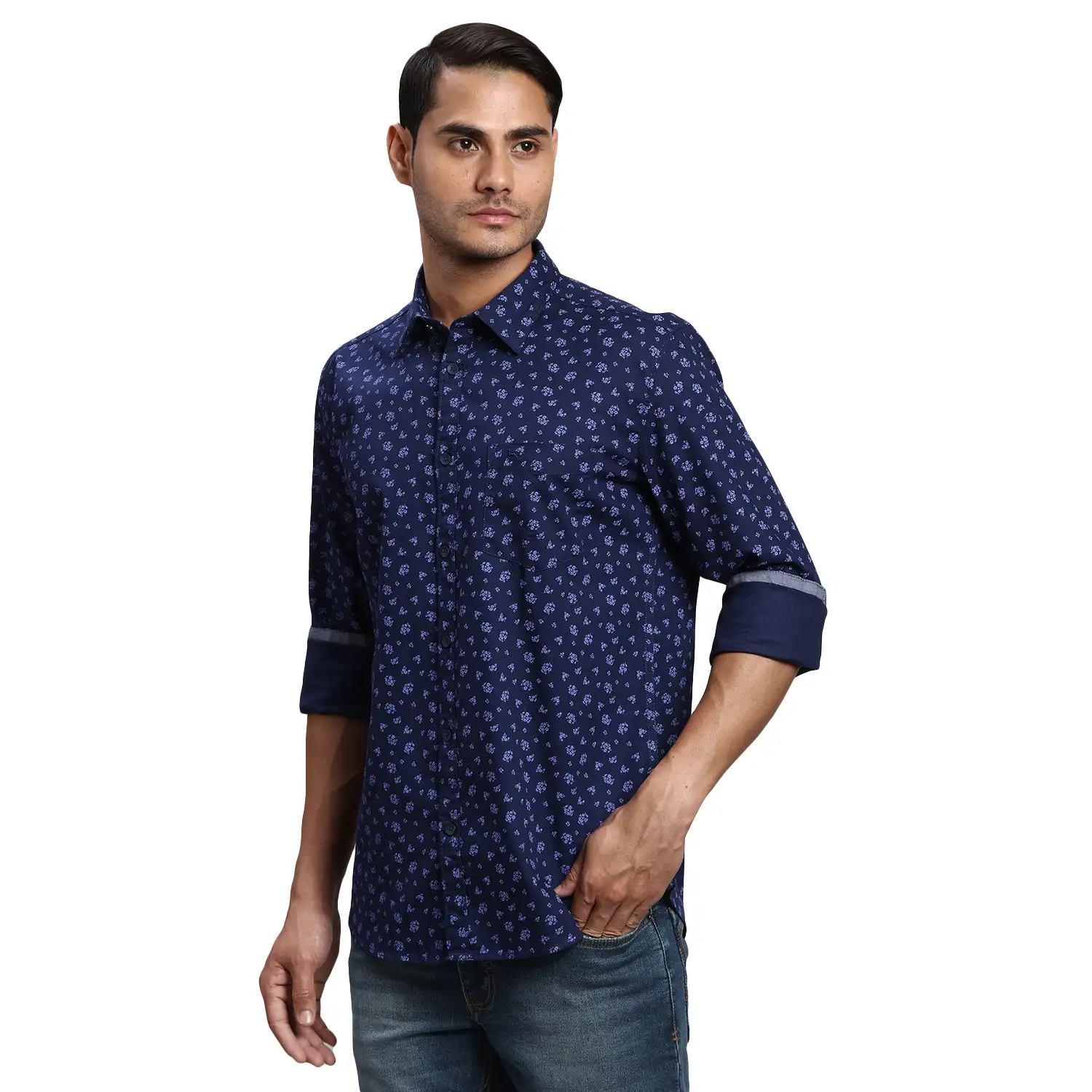 Men Blue Slim Fit Print Cotton Full Sleeve Shirts - Image 3