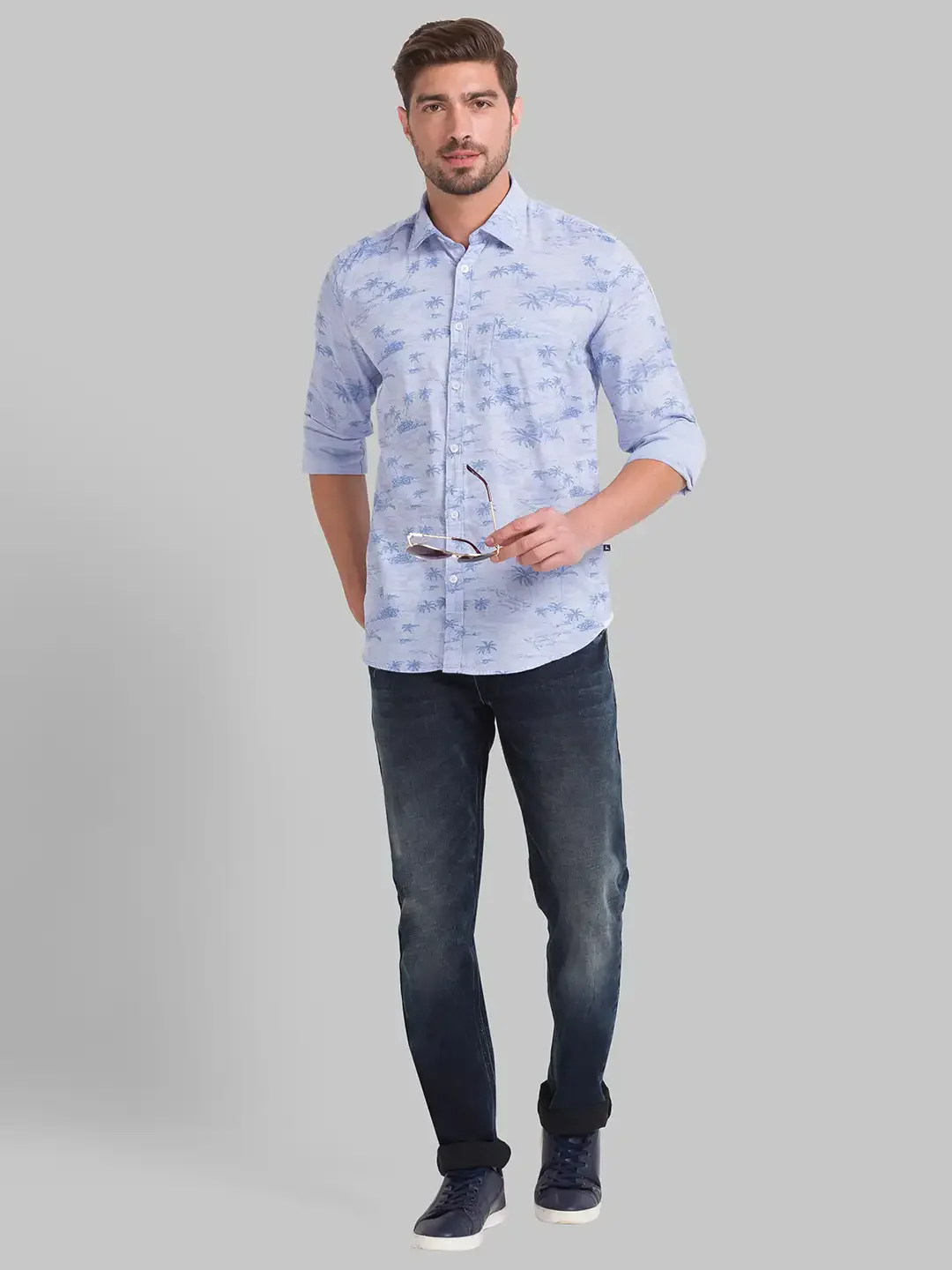 Men Blue Slim Fit Print Cotton Full Sleeve Shirts - Image 5