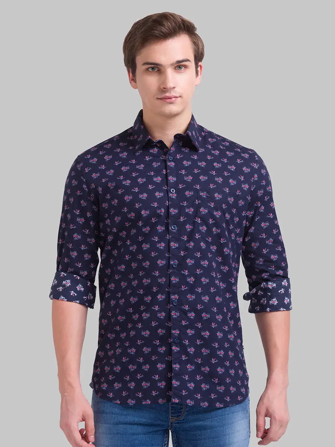 Men Blue Slim Fit Print Cotton Full Sleeve Shirts