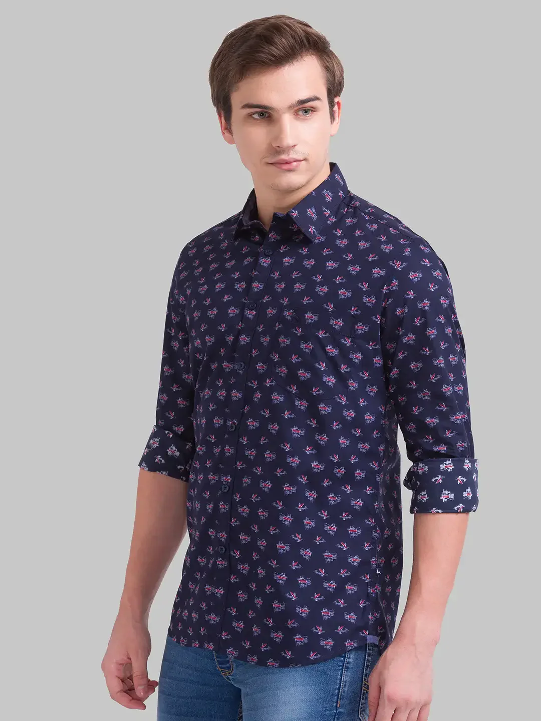 Men Blue Slim Fit Print Cotton Full Sleeve Shirts - Image 3
