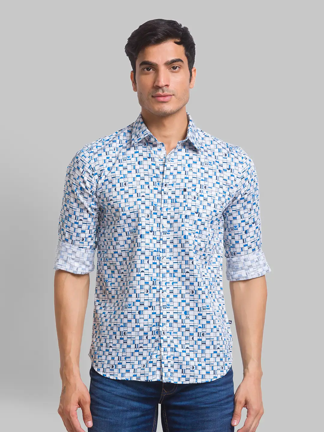 Men Blue Slim Fit Print Cotton Full Sleeve Shirts