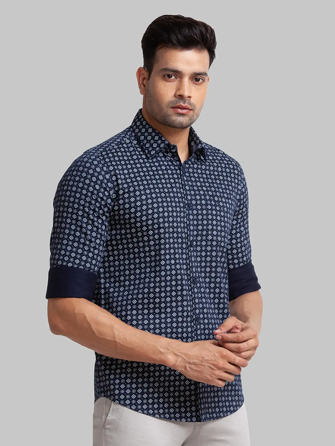 Men Blue Slim Fit Print Cotton Full Sleeve Shirts - Image 2
