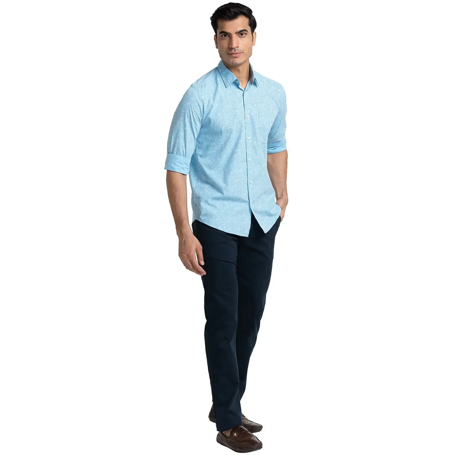 Men Blue Slim Fit Print Cotton Full Sleeve Shirts - Image 5