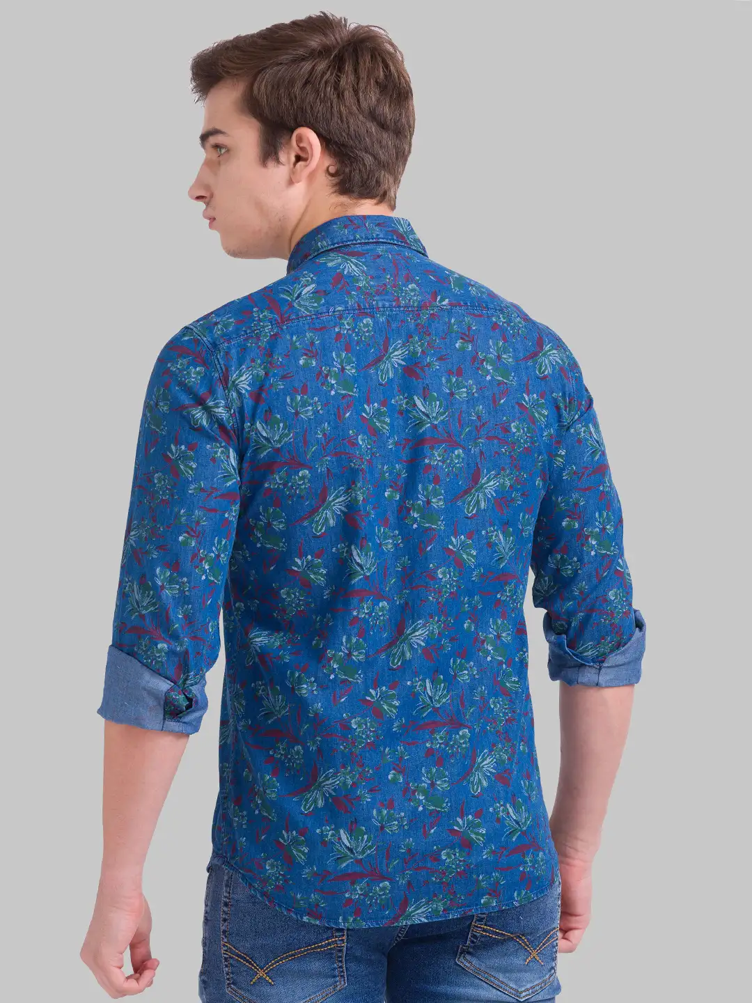 Men Blue Slim Fit Print Cotton Full Sleeve Shirts - Image 4
